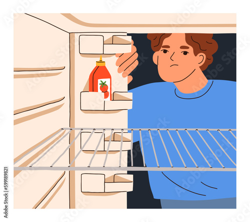 Hungry poor person looking inside empty fridge. Sad upset man with nothing to eat on refrigerator shelf. Food crisis, poverty, need, shortage, hunger, starvation concept. Flat vector illustration