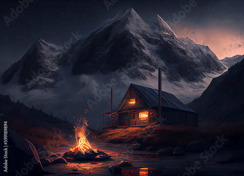 A Warm Campfire Light Illuminating the Night  The Fire is Nestled in the Heart of the Enigmatic Mountain Wilderness Showing Nature Ice and Snow Environment Landscape