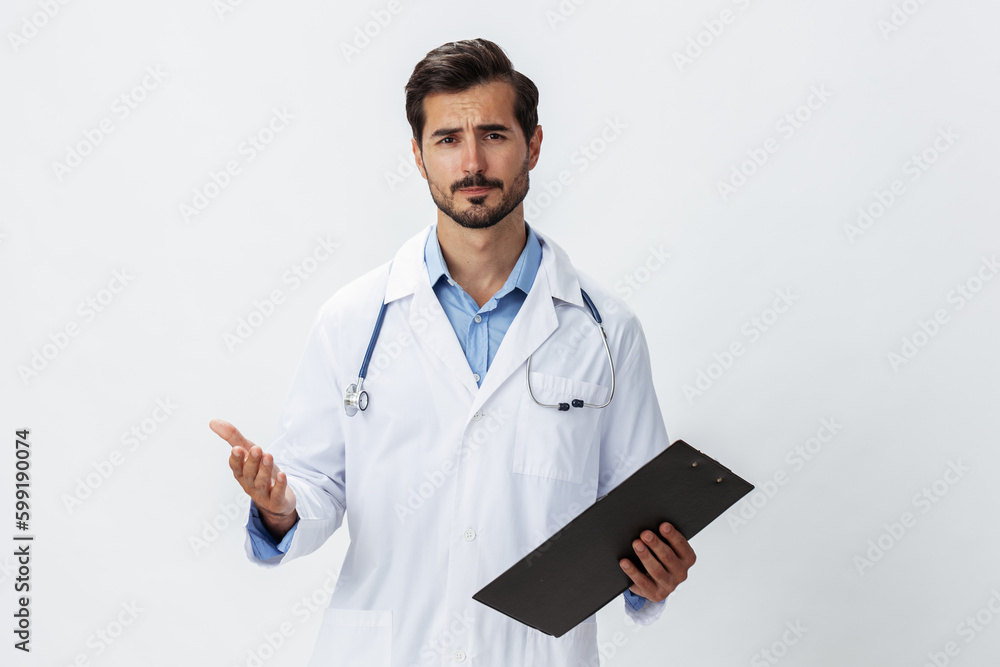 Man doctor in white coat with stethoscope and record folder and patient chart unhappy angry on white isolated background, copy space, space for text, health Man doctor in white coat with stethoscope and record folder and patient chart unhappy angry on white isolated background, copy space, space for text, health