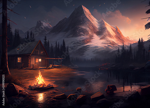 A Warm Campfire Light Illuminating the Night  The Fire is Nestled in the Heart of the Enigmatic Mountain Wilderness Showing Nature Ice and Snow Environment Landscape