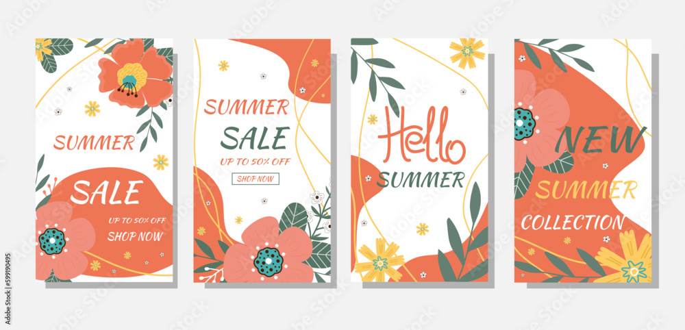 Fototapeta premium Set summer sale banners. Summer flowers and abstract shape.