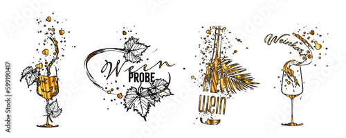 Wine Designs - Collection of wine glasses and bottles. Hand drawn elements for invitation cards, advertising banners, menus in gold style. Wine glasses with splashing wine. Sketch vector illustration.