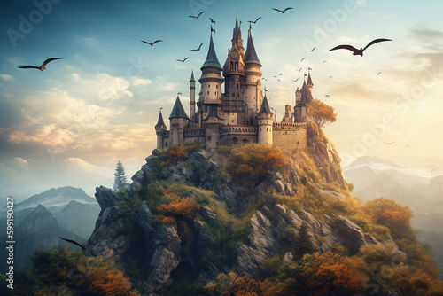 Un château magique perché sur une montagne » IA générative © Maelgoa