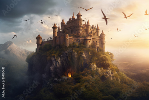 Des oiseaux volants autour d'un château féérique » IA générative
