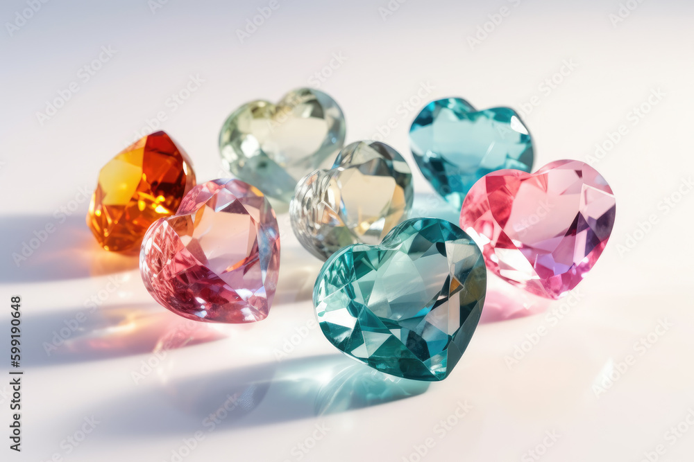 Heart shaped colorful blue, pink jewelry crystals on a white background. Love, Romance, Valentine's Day concept. Generative AI. Heart shaped colorful blue, pink jewelry crystals on a white background. Love, Romance, Valentine's Day concept. Generative AI.