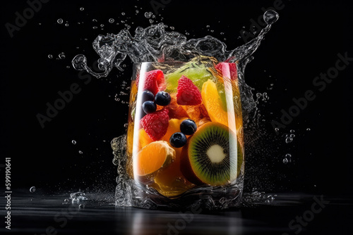Refreshment fruit cocktail with orange  lemon  raspberry  strawberry  blueberry and kiwi splashes on black background  an explosion of taste from different fruits  AI Generated