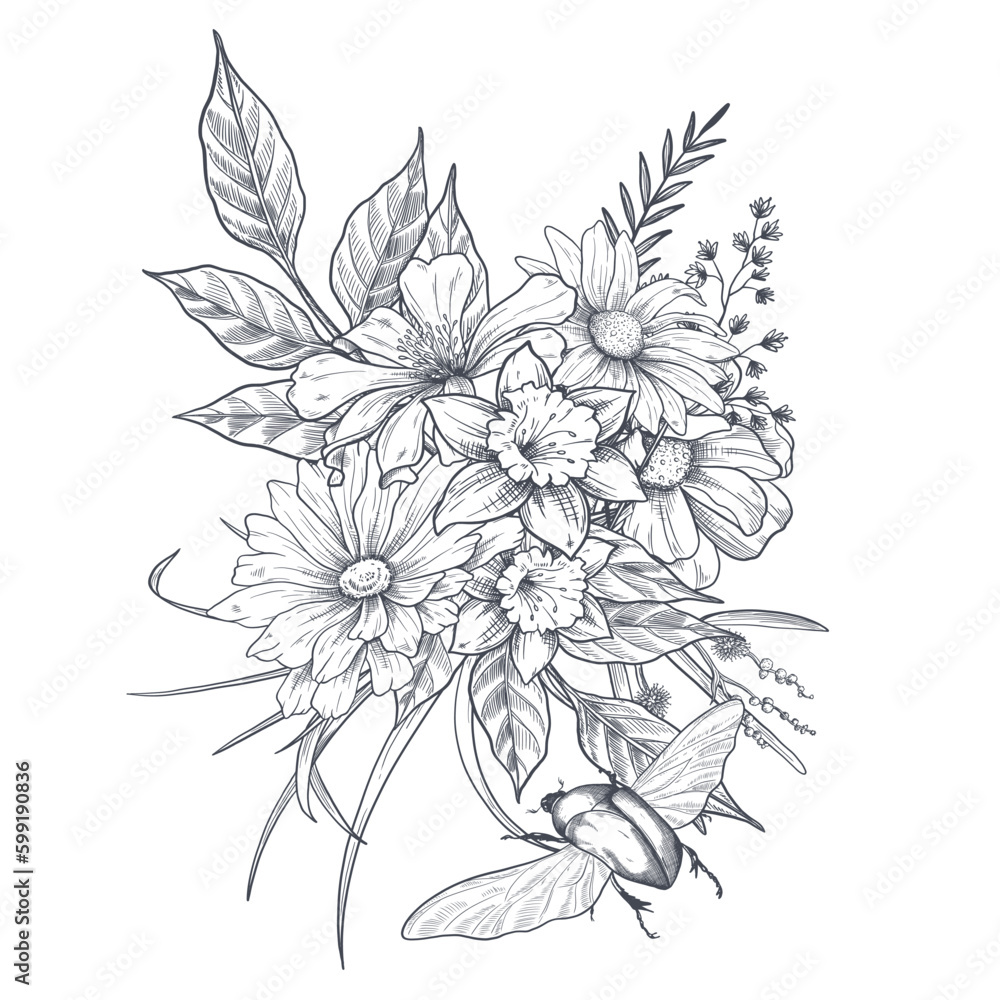 Fototapeta premium Flower bouquet hand drawn sketch illustration Wild flowers