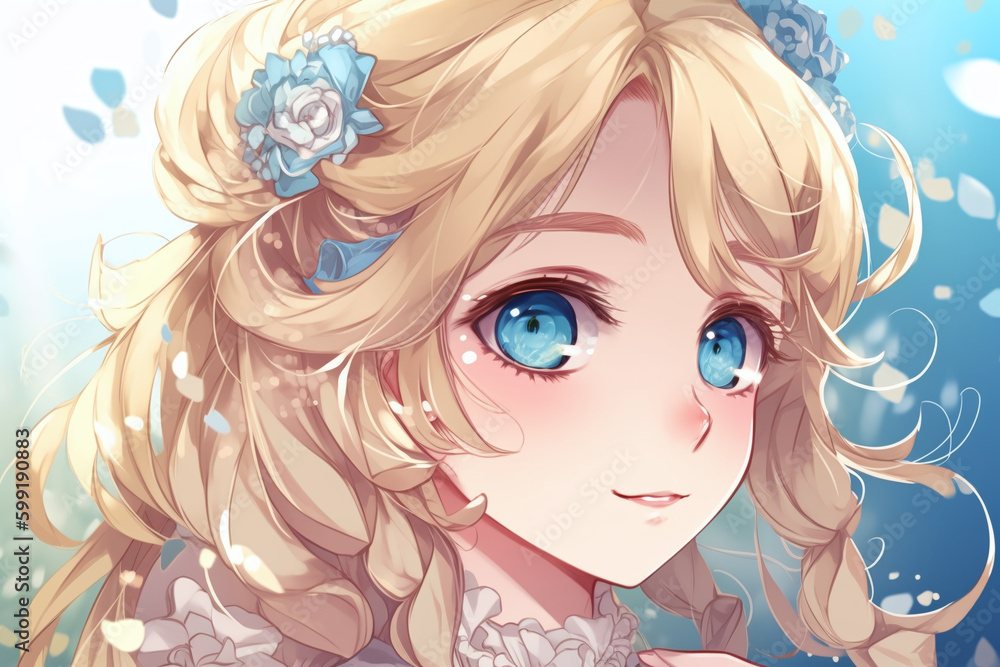 Une jeune fille blonde avec des fleurs bleues style animé manga » IA générative Une jeune fille blonde avec des fleurs bleues style animé manga » IA générative