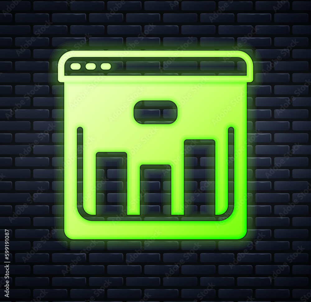 Glowing neon Browser with stocks market growth graphs and money icon isolated on brick wall background. Monitor with stock charts arrow on screen. Vector Glowing neon Browser with stocks market growth graphs and money icon isolated on brick wall background. Monitor with stock charts arrow on screen. Vector