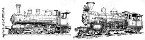 In a detailed black and white sketch, the old steam locomotive harks back to the industrial era, its intricate lines revealing the beauty of a bygone age. Generative AI photo