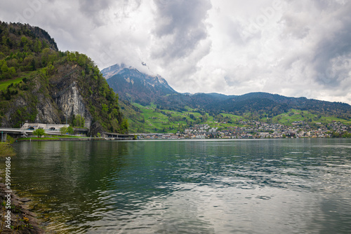 Scenic view of the village of Hergiswil along Lake Lucerne (German: Vierwaldstättersee) in Switzerland