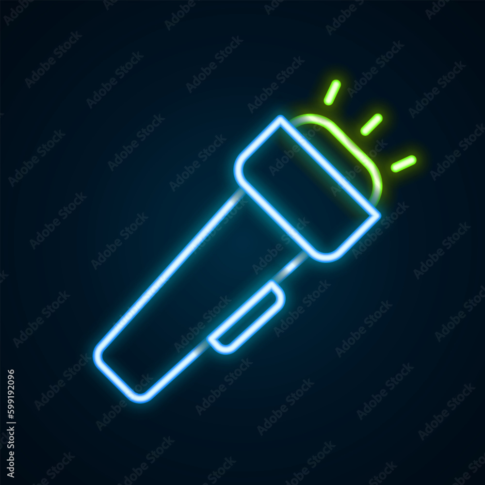Naklejka premium Glowing neon line Flashlight icon isolated on black background. Colorful outline concept. Vector
