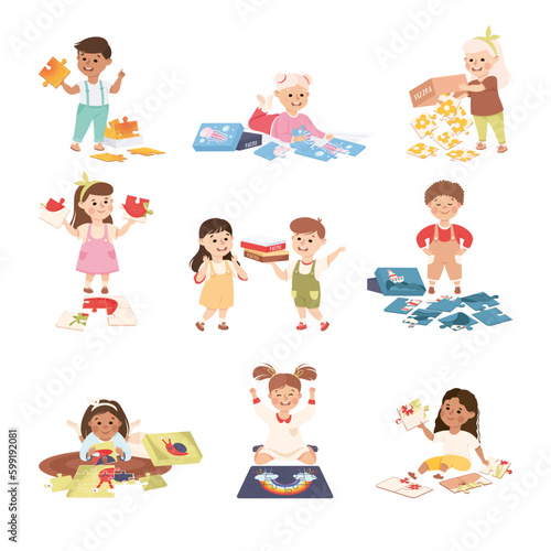 Kids Playing Jigsaw Puzzle Sitting on the Floor Assembling Mosaiced Pieces into Picture Vector Set