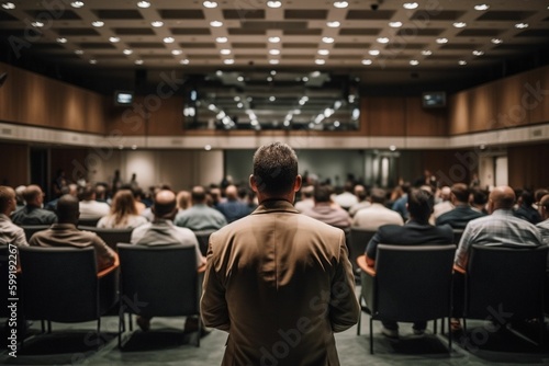 Men standing in a conference room holding a speech. AI generated Generative AI