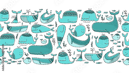 Funny wild whales family. Childish style, turquoise colors. Seamless pattern background for your design