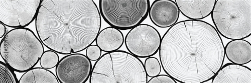 Log cut, vector banner. Tree rings pattern, shades of gray.	