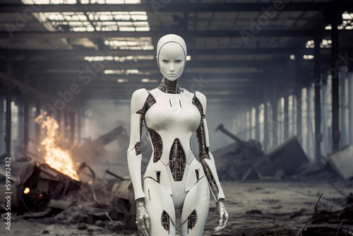 White high tech futuristic woman robot android destroying the world full on fire. Rise of the machines. flame on the background. Ai generated art. Cinematic style photo
