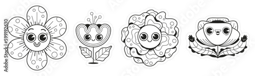 Illustration aux contours en noir en blanc pour coloriage, thème floral et jardin, personnage de fleurs avec un sourire et des pétales, amusant et original, vecteur modifiable