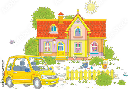 Pretty country house and a courtyard with trees, bushes and a small yellow car near a wooden fence on a sunny summer day, vector cartoon illustration isolated on a white background © Alexey Bannykh