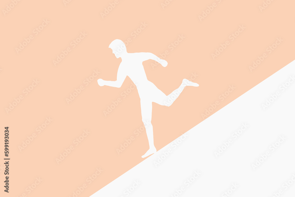 Descent into the unknown. Silhouette of a running man on a beige background.