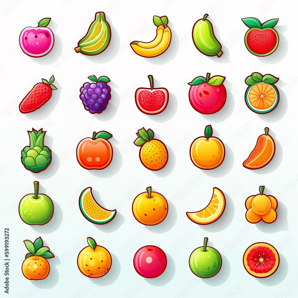 fruits and berries icon set. Generative AI fruits and berries icon set. Generative AI