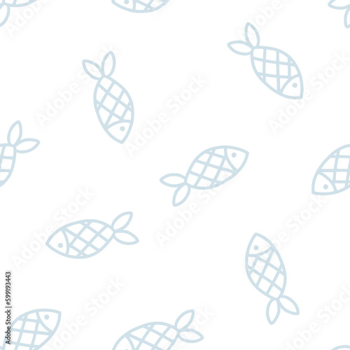 Seamless pattern with blue outline fish