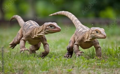 Two small water monitor lizards crawling on a lawn in public park, created with Generative AI