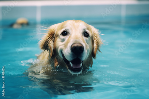 Happy golden retriever in a swimming-pool. Generative AI