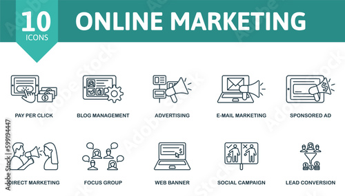 Online marketing outline set. Creative icons: pay per click, blog management, advertising, e-mail marketing, sponsored ad, direct marketing, focus group, web banner, social campaing, lead conversion.