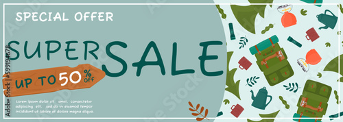 An advertising banner with an image of a camping site. Summer camping, travel, trip, hiking, tourist, nature, travel, picnic concept. Vector illustration for a poster, banner, leaflet, cover.