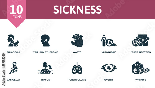 Sickness outline set. Creative icons: tularemia, warkany syndrome, warts, yersiniosis, yeast infection, varicella, typhus, tuberculosis, uveitis, watkins.