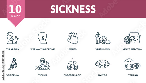 Sickness outline set. Creative icons: tularemia, warkany syndrome, warts, yersiniosis, yeast infection, varicella, typhus, tuberculosis, uveitis, watkins.