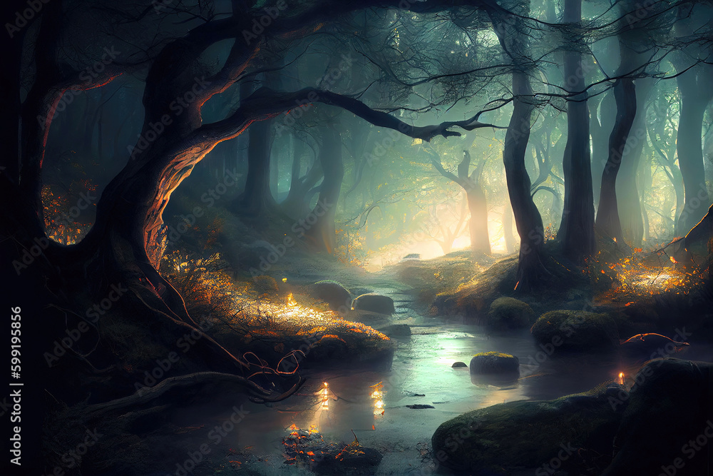 Magical lights glowing in fantasy forest at night (Generative AI) Stock ...