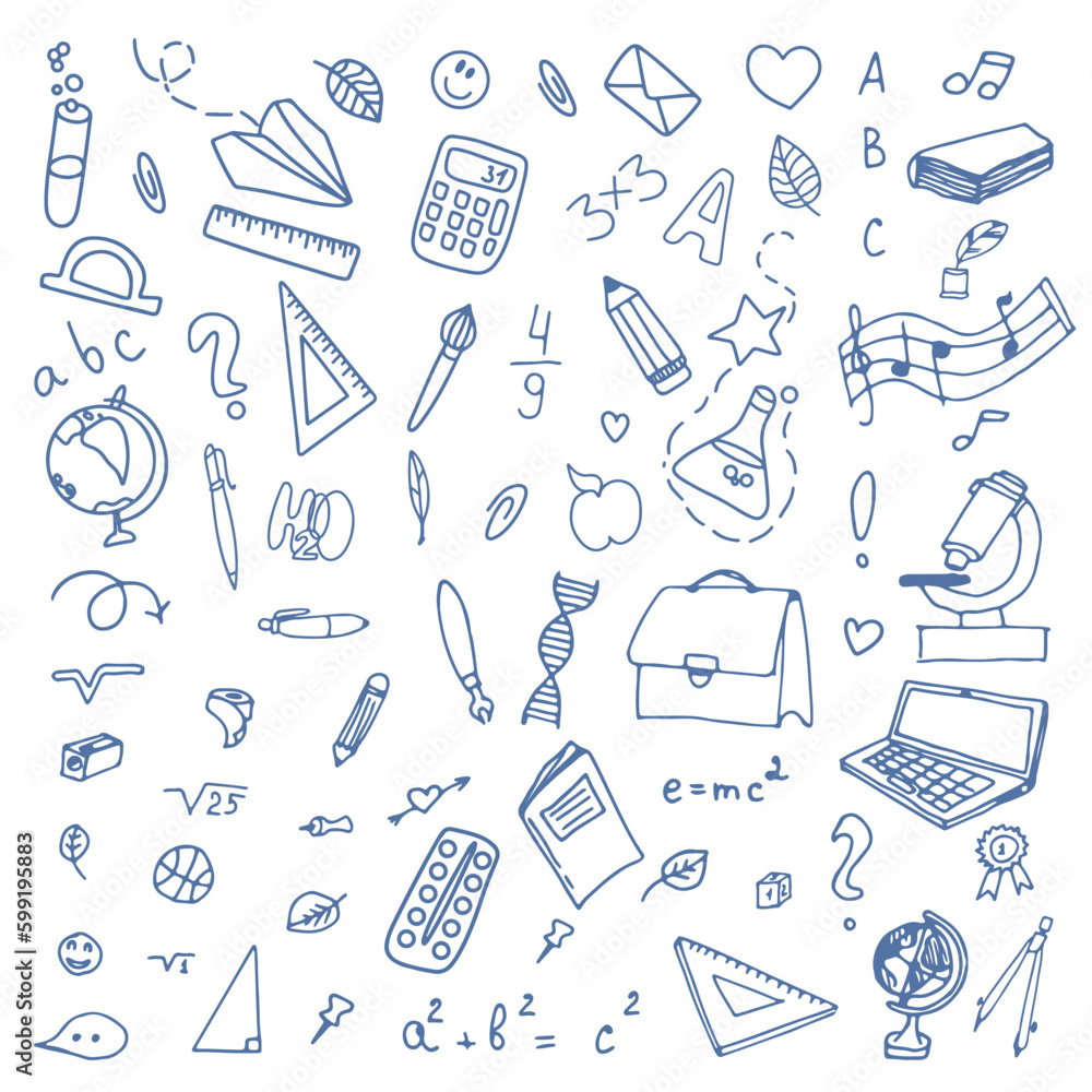 A set of doodle school badges with doodles.School education. Let's go back to school doodle drawing. Vector A set of doodle school badges with doodles.School education. Let's go back to school doodle drawing. Vector