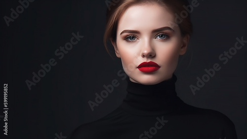 Girl in Black Perfect Makeup. Beauty Fashion. Red Lips   generative AI tools 