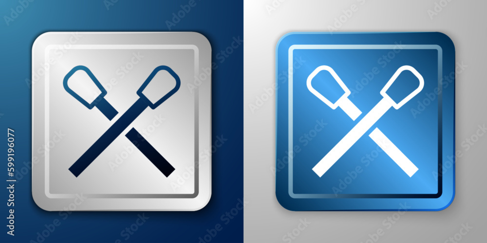 White Burning match with fire icon isolated on blue and grey background. Match with fire. Matches sign. Silver and blue square button. Vector White Burning match with fire icon isolated on blue and grey background. Match with fire. Matches sign. Silver and blue square button. Vector