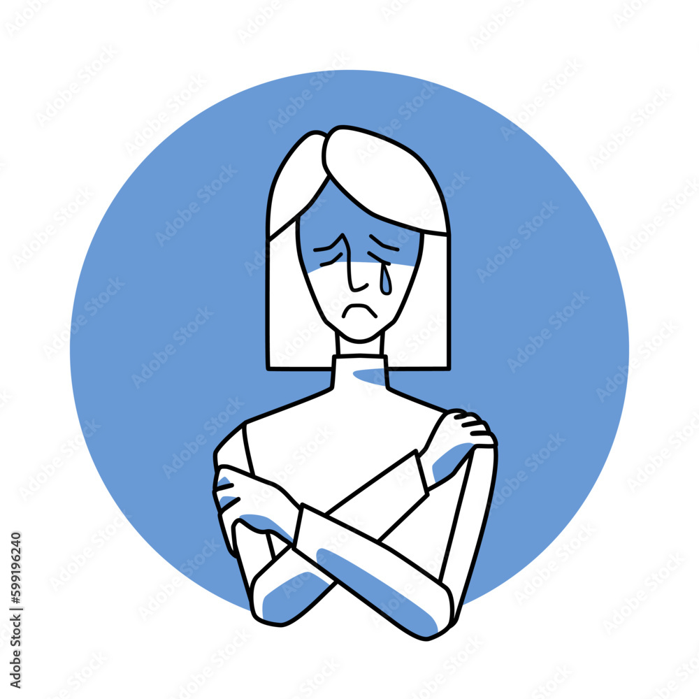Sad woman with emotion of melancholy, facial expression with gestures. Female in sadness, expressing her melancholy feelings. Blue vector circle icon. Sad woman with emotion of melancholy, facial expression with gestures. Female in sadness, expressing her melancholy feelings. Blue vector circle icon.