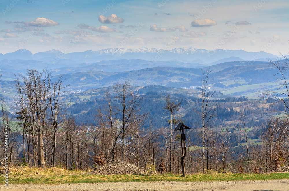 Panorama of the Silesian-Moravian Beskids and Mala Fatra (in the distance) from the vicinity of the guesthouse Kamenná chata, located east of the Veľký Polom peak on the Czech-Slovak border. Panorama of the Silesian-Moravian Beskids and Mala Fatra (in the distance) from the vicinity of the guesthouse Kamenná chata, located east of the Veľký Polom peak on the Czech-Slovak border.