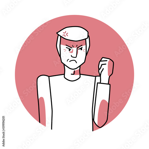Adult man with angry emotion, facial expression with hands. Annoyed male, expressing his negative feelings with gestures. Red vector circle icon.