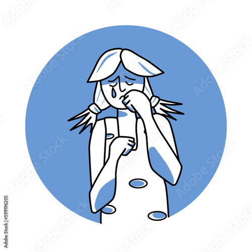 Sad girl with emotion of melancholy, facial expression with gestures. Teenager in sadness, expressing her melancholy feelings. Blue vector circle icon.
