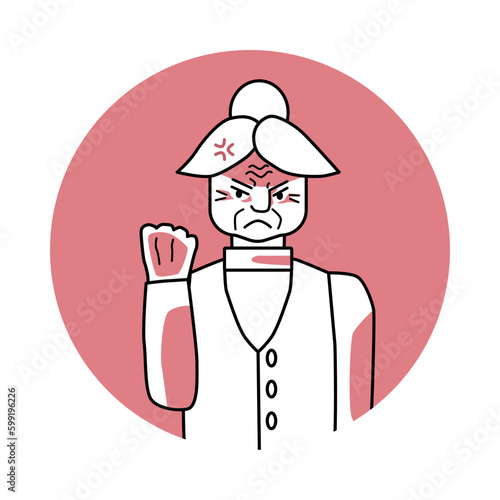 Old woman with angry emotion, facial expression with hands. Annoyed grandmother, expressing her negative feelings with gestures. Red vector circle icon.