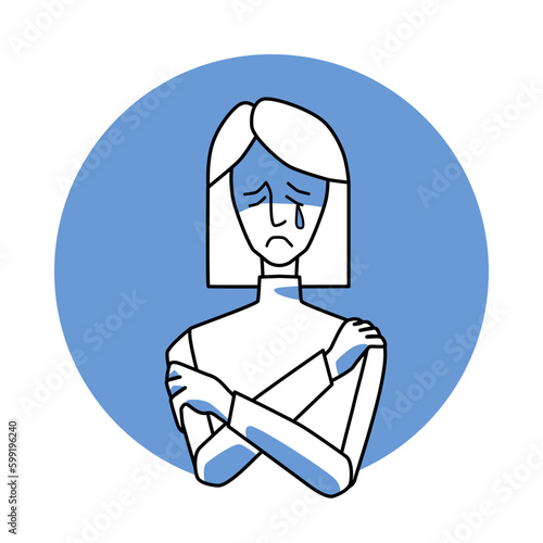 Sad woman with emotion of melancholy, facial expression with gestures. Female in sadness, expressing her melancholy feelings. Blue vector circle icon.