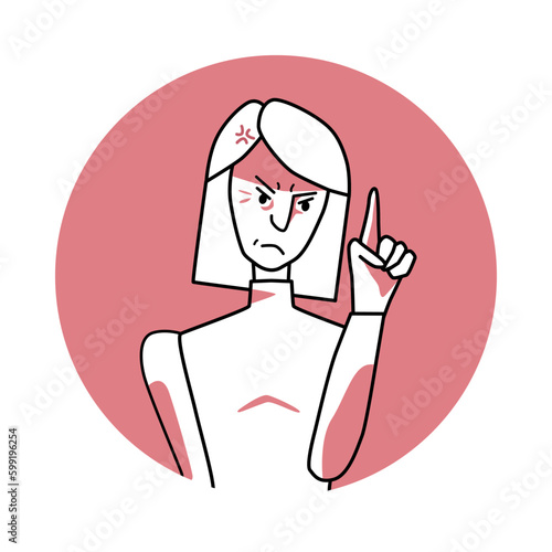Adult woman with angry emotion, facial expression with hands. Annoyed female, expressing her negative feelings with gestures. Red vector circle icon.