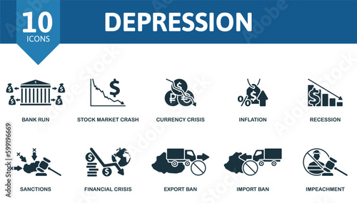 Depression outline set. Creative icons: bank run, stock market crash, currency crisis, inflation, recession, sanctions, financial crisis, export ban, import ban, impeachment.