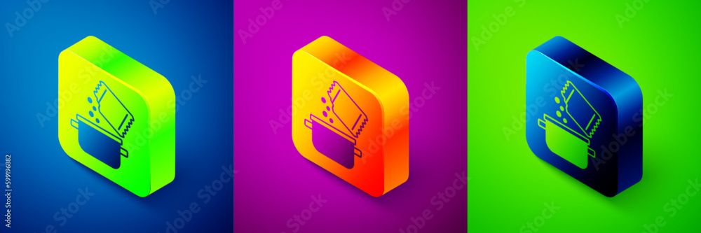 Isometric Cooking pot and spice icon isolated on blue, purple and green background. Boil or stew food symbol. Square button. Vector Isometric Cooking pot and spice icon isolated on blue, purple and green background. Boil or stew food symbol. Square button. Vector