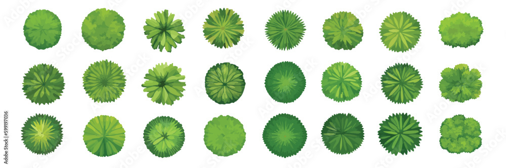 Set of green trees or bushes, top view, isolated on white background for landscape or architecture plan. Design elements for environment or garden map, vector illustration.