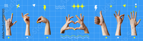 Set of hands. Isolated blue background. Collage elements for a message using hands. Vintage illustration with dotted pop art