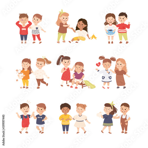 Little Boy and Girl Supporting and Comforting Crying Friend Vector Set