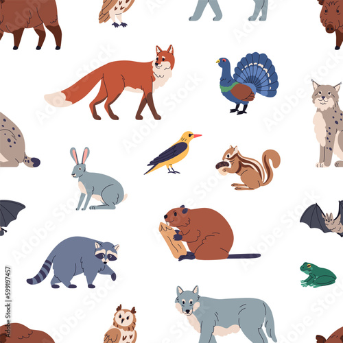Forest animals, seamless pattern. Woodland mammals, wild beasts, birds, repeating print. Endless background design, wildlife species texture. Flat graphic vector illustration for textile, decoration