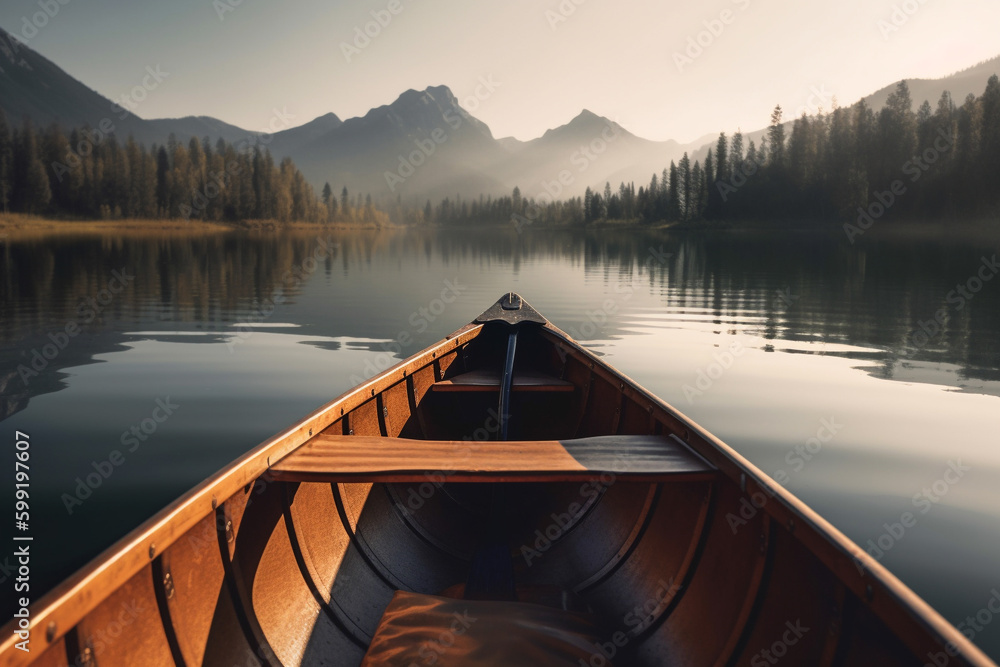 Canoe floating on a serene mountain lake surrounded by tall pine trees on a peaceful morning. Ai generated